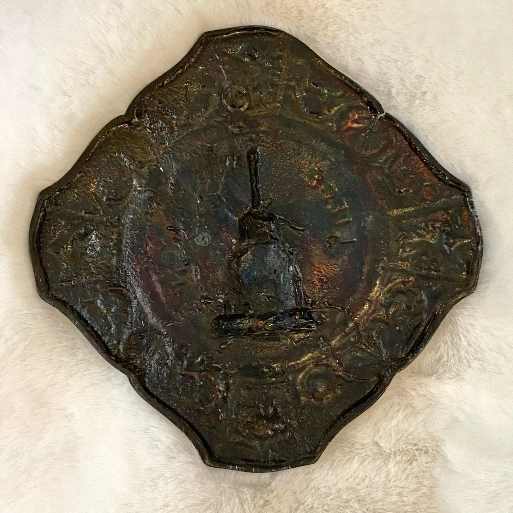 Antique Liege Le Perron metal wall hanging apx 6” square. Eclectic boho decor